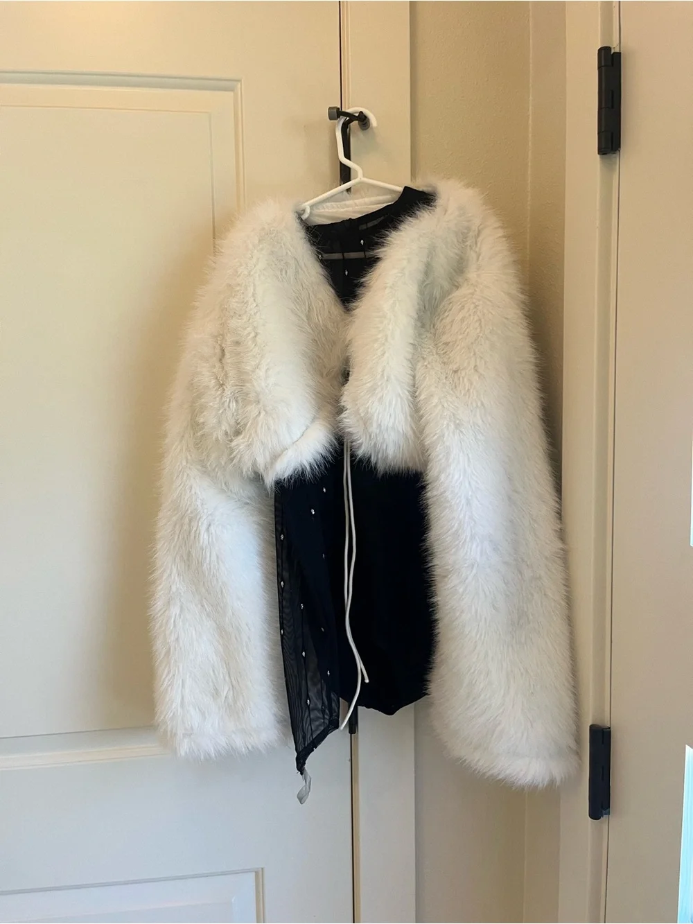 Sheer Mesh Long-Sleeve Bodysuit - Black with Fur Coat